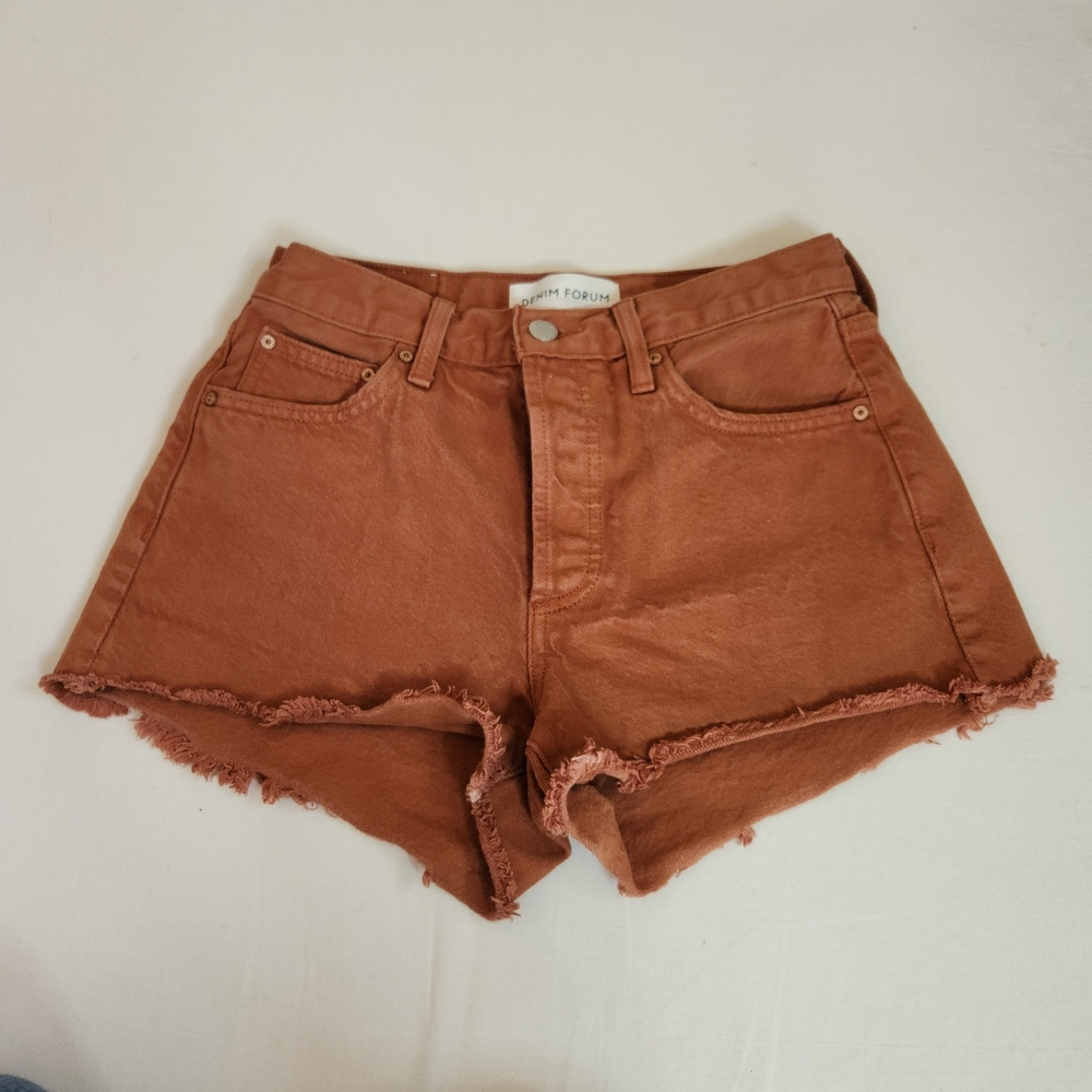 Denim Forum The Ex-Boyfriend Short frayed hem button fly rust brown 24 jean